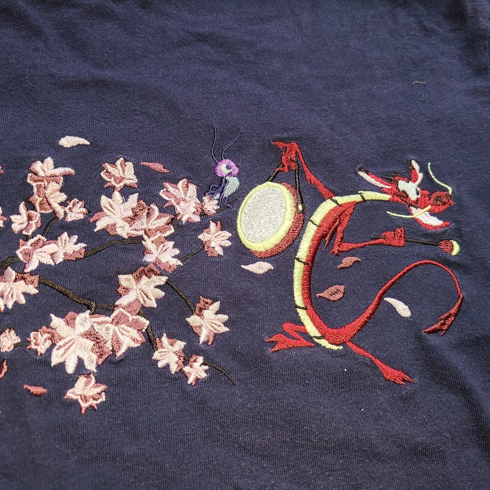 Disney Box Lunch Mulan Mushu Dragon embroidered top womens XS Navy Embroidered
